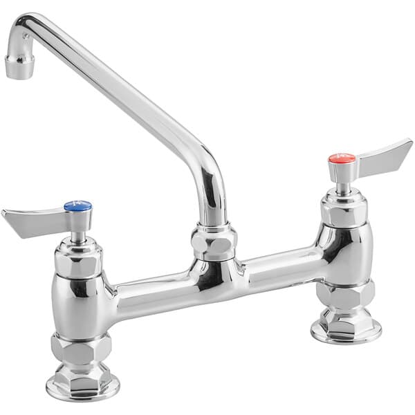 A silver Waterloo deck-mounted faucet with two knobs.