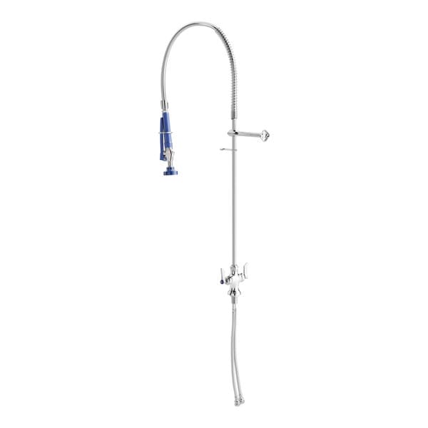 A Waterloo deck-mounted pre-rinse faucet with a blue and silver stand.