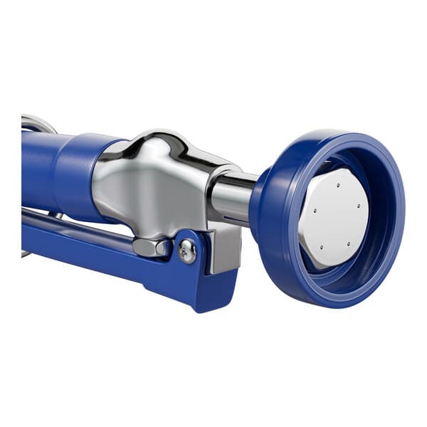 A blue and silver hydraulic hose with a handle attached to a blue and silver pipe.