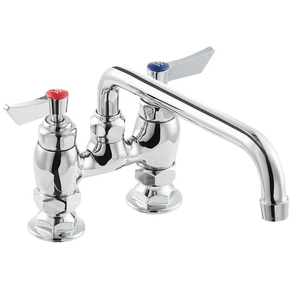 A Waterloo deck-mounted faucet with silver and red knobs.