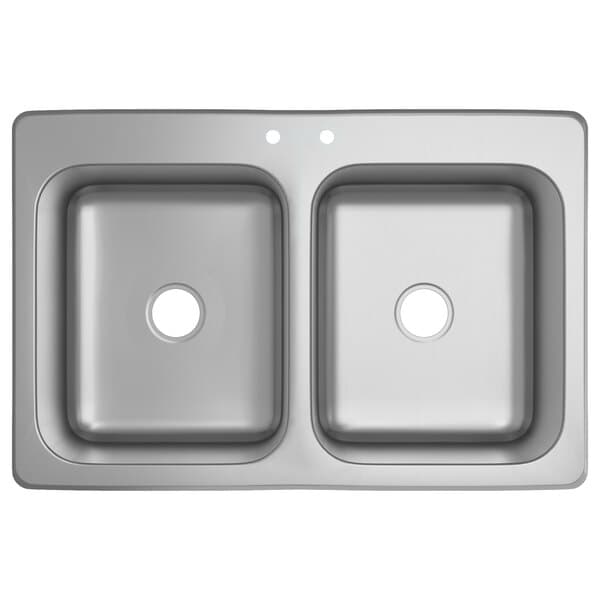 A Waterloo stainless steel double bowl drop-in sink with two holes.