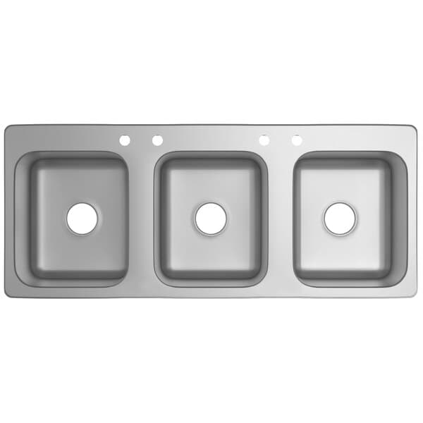 A silver Waterloo stainless steel drop-in sink with three compartments and three holes.
