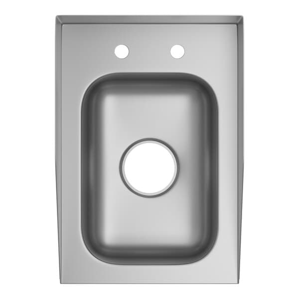 A close-up of a Waterloo stainless steel drop-in sink with a center hole.