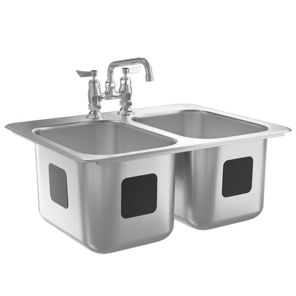 A Waterloo stainless steel drop-in double sink with two separate compartments.