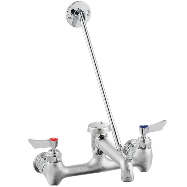 A silver Waterloo wall-mounted mop sink faucet with two long handles.