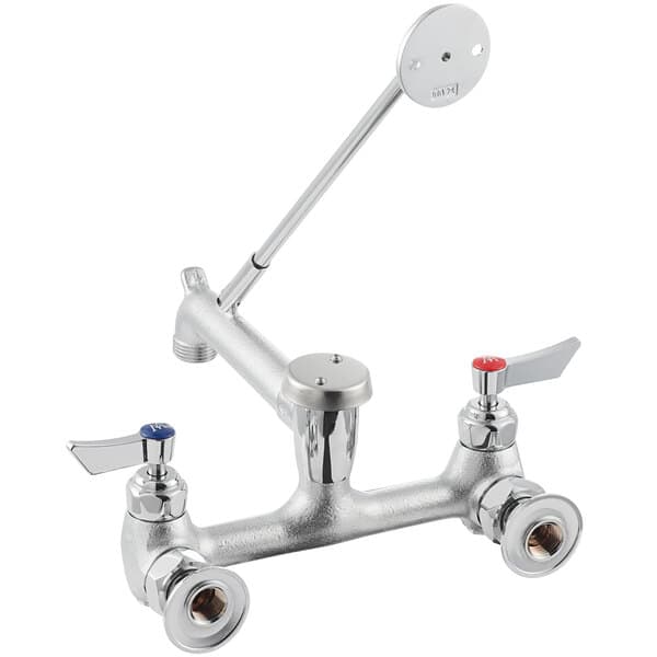 A silver Waterloo wall-mounted mop sink faucet with two handles.