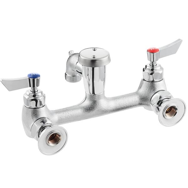 A silver Waterloo wall-mounted mop sink faucet with red and blue knobs.