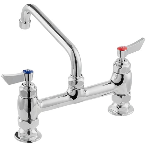 A silver Waterloo deck-mounted faucet with 8" swing nozzle and two handles with red and blue accents.