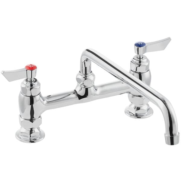 A Waterloo deck-mounted faucet with two red handles.