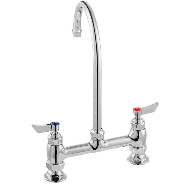 A chrome Waterloo deck mount faucet with 8" gooseneck spout and red and silver knobs.
