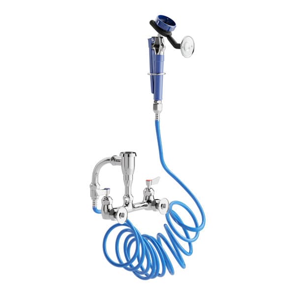 A Waterloo pet grooming faucet with a blue coiled hose attached.