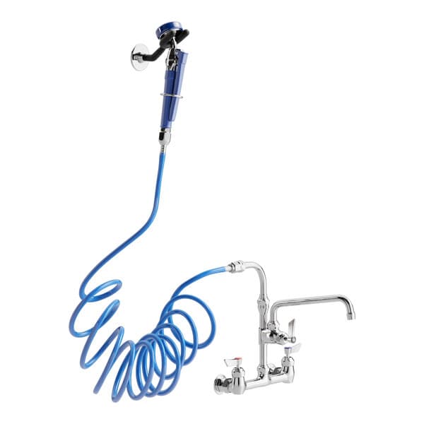 A Waterloo pet grooming faucet with blue hose attached to a faucet sprayer.