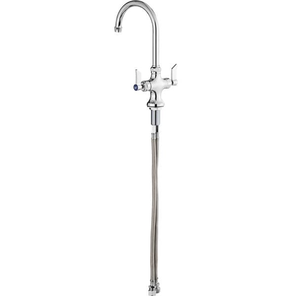 A silver Waterloo deck-mount faucet with gooseneck spout and supply hoses.