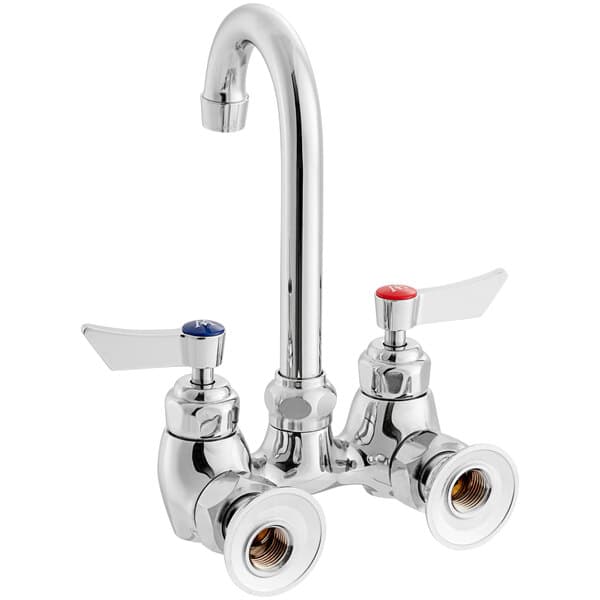 A silver Waterloo wall mount faucet with red and blue knobs.