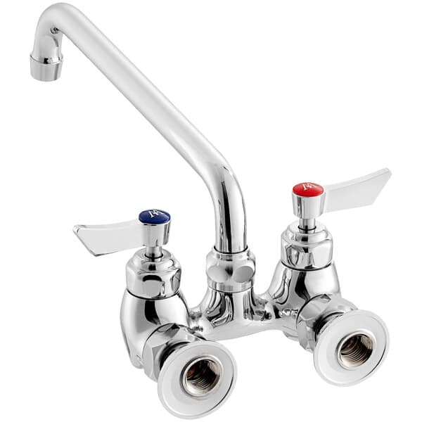 A silver Waterloo wall-mounted faucet with silver knobs.