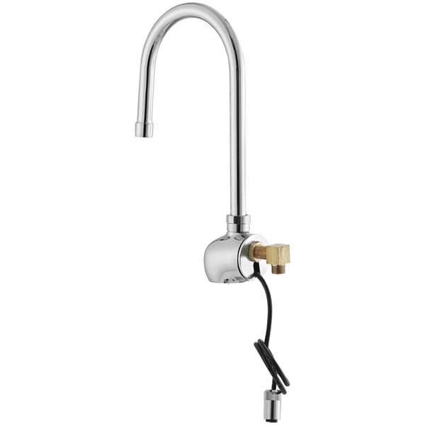 A silver Waterloo wall mount hands-free sensor faucet with a gooseneck spout.