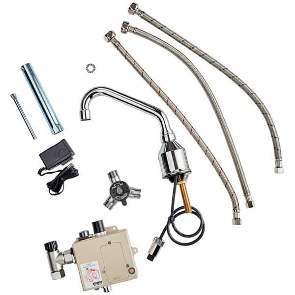 A Waterloo deck mount medical faucet with a chrome gooseneck spout.