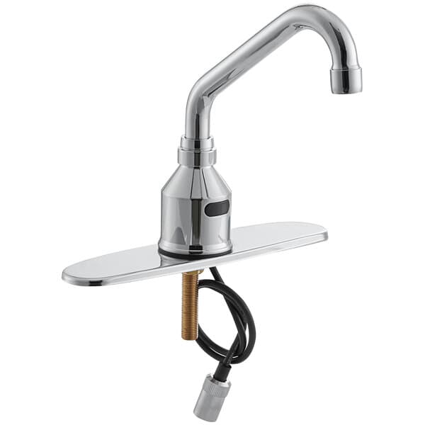 A silver Waterloo deck mount sensor faucet with a surgical bend gooseneck spout.
