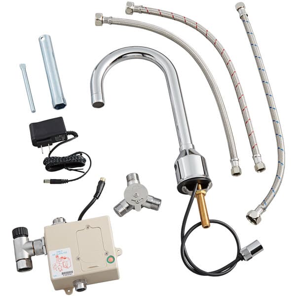 A Waterloo deck mount medical faucet with a gooseneck spout, cable, and wires.