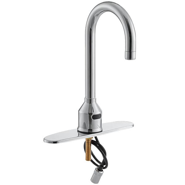 A silver Waterloo deck mount sensor faucet with a gooseneck spout and deck plate.