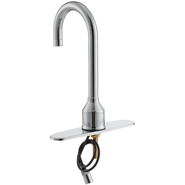 A close-up of a silver Waterloo deck mount faucet with a gooseneck spout.