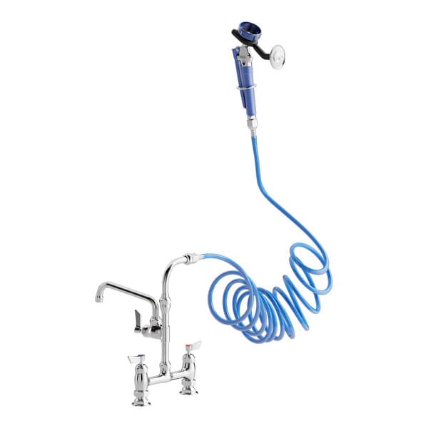 A Waterloo pet grooming faucet with blue hose and sprayer attachment.