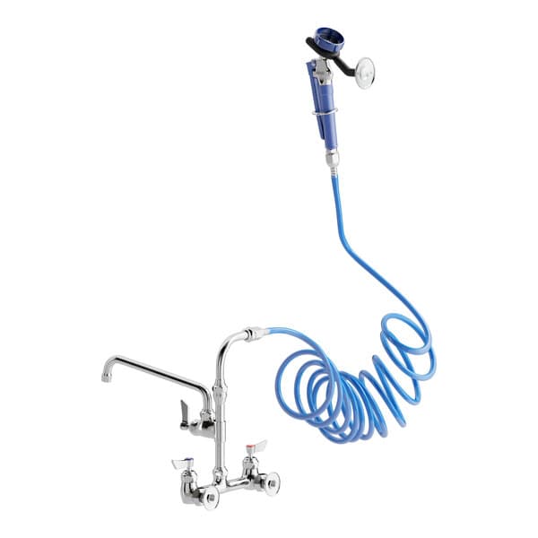 A white wall-mounted faucet with a blue hose attached.