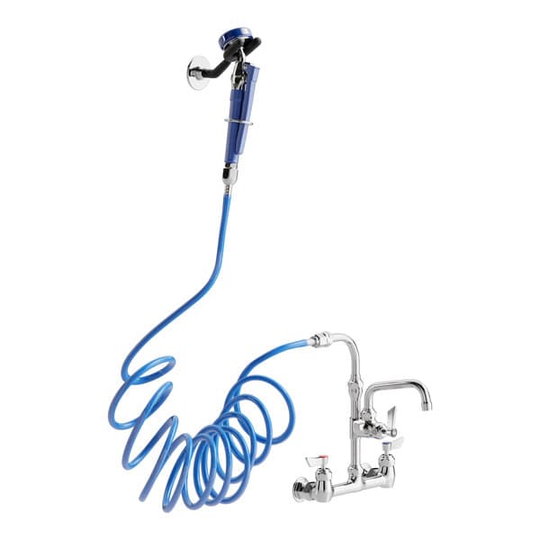 A white Waterloo pet grooming faucet with a blue hose attached.