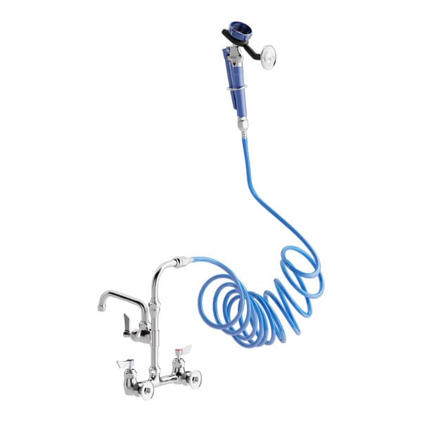 A Waterloo pet grooming faucet with a blue coiled hose attached.