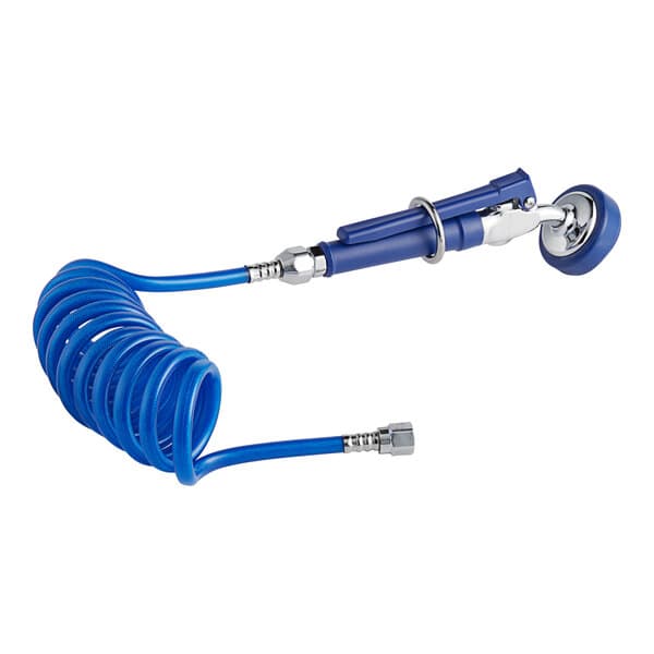 A blue coiled polyurethane hose with a metal tube.