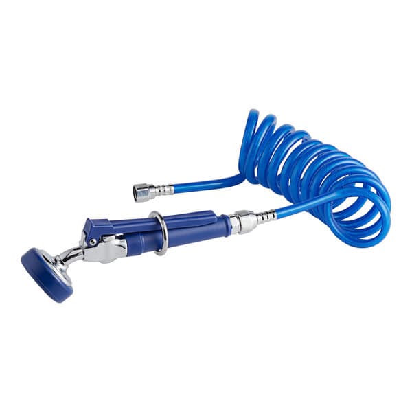 A blue coiled polyurethane hose with a metal nozzle.