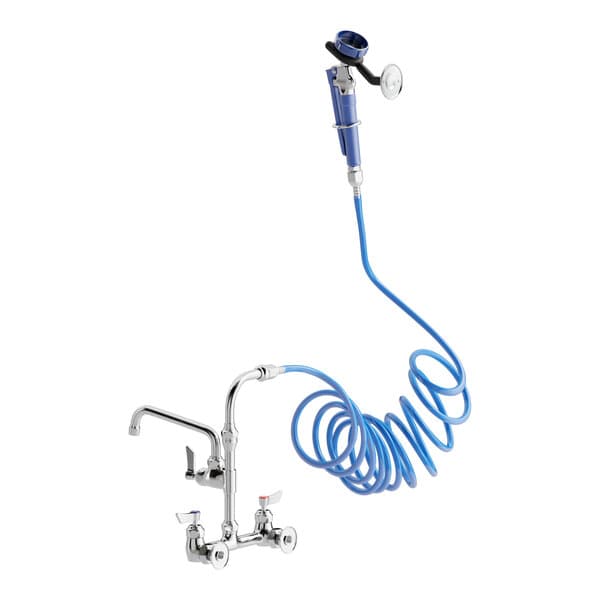 A Waterloo pet grooming faucet with a blue hose attached to a sprayer.