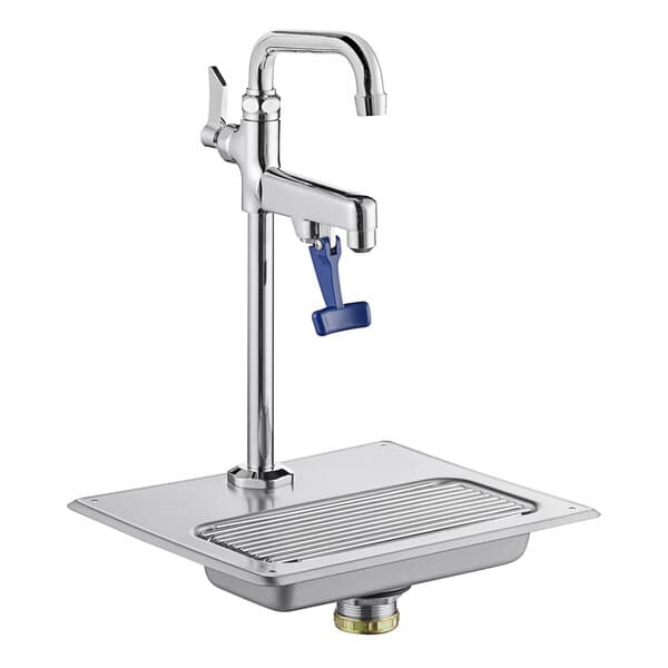 A Waterloo glass filler station with a silver faucet and blue handle on a metal counter.
