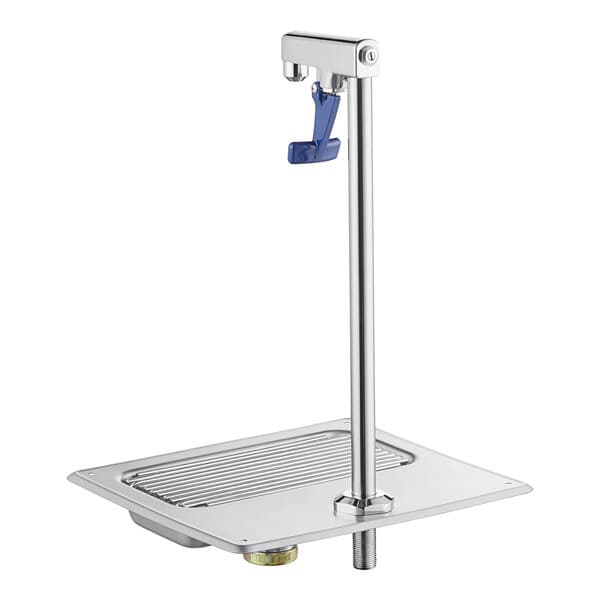 A silver metal stand with a blue handle for a Waterloo Glass Filler Station.