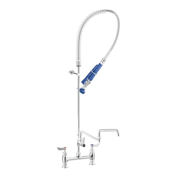 A white Waterloo deck-mounted pre-rinse faucet with a blue handle and hose.