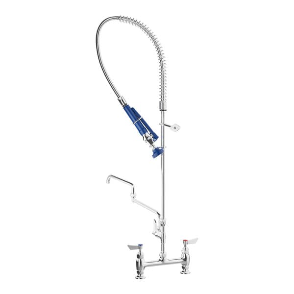 A Waterloo deck-mounted pre-rinse faucet with a blue handle.