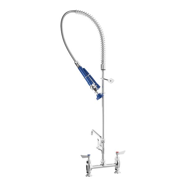 A chrome Waterloo pre-rinse faucet with a blue and silver hose and handle.