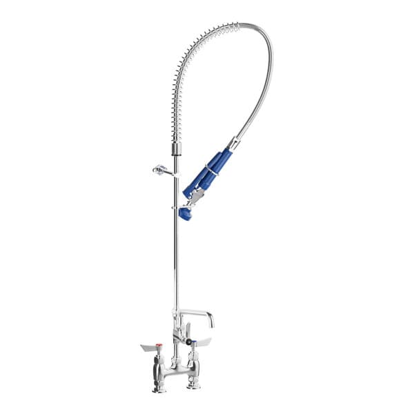 A blue and silver Waterloo deck-mounted pre-rinse faucet with hose.