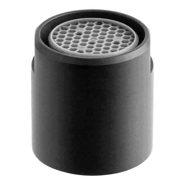 A close-up of a black Waterloo aerator with a mesh filter.