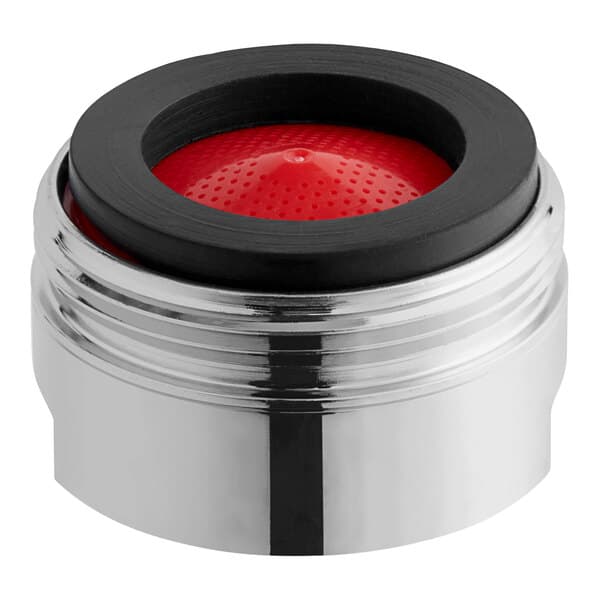 A round silver aerator with a black and red ring.