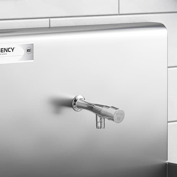 A silver Waterloo wall-mount metering faucet with a 6 11/16" single inlet spout.