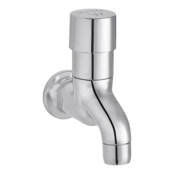 A chrome Waterloo metering faucet with a handle.