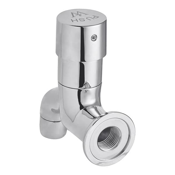 A silver metal Waterloo wall-mount metering faucet with a chrome pipe.