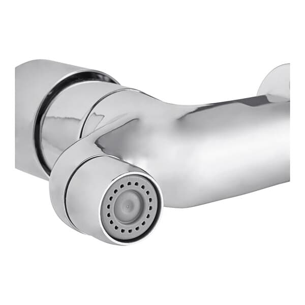 A silver Waterloo wall-mount metering faucet with a nozzle.