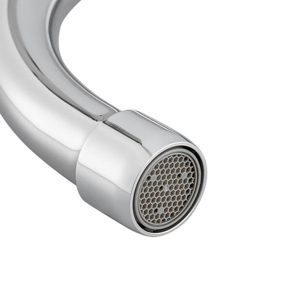 A Waterloo hands-free sensor faucet with a gooseneck spout over a white background.