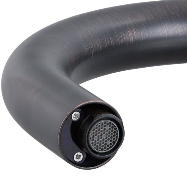 The Waterloo bronze hands-free sensor faucet with a gooseneck spout and black pipe connection.