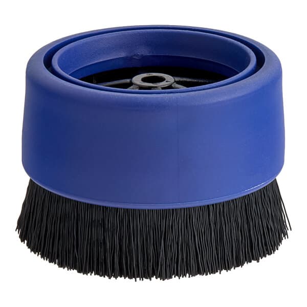 A blue circular brush with black bristles.